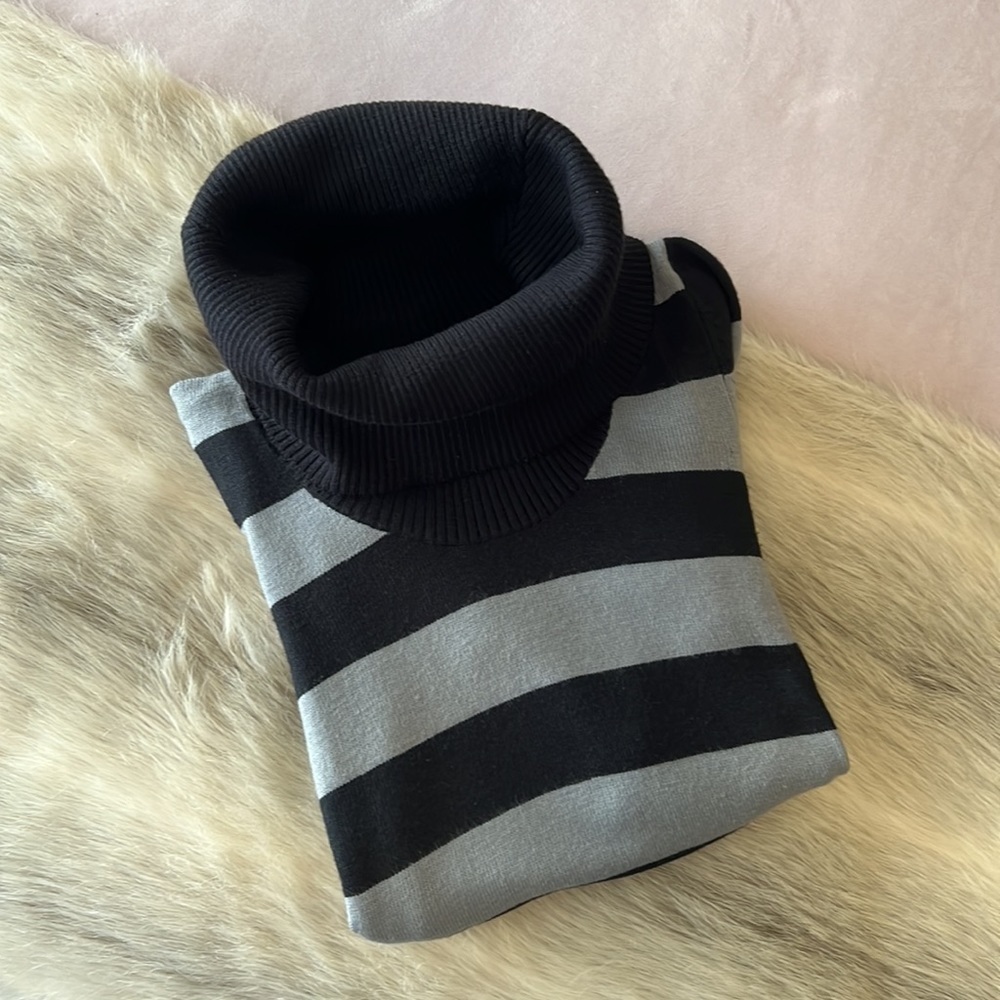 PLANET GOLD Black Gray S Striped Long Sleeve Turtleneck Sweater Dress Y2K Warm - Picture 12 of 12